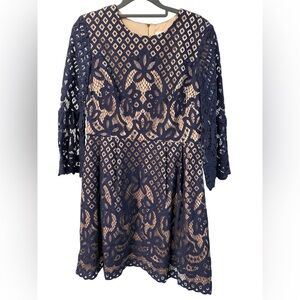 Eliza J. Navy Blue Bell Sleeve Lace Fit Flare Dress 8P NWT